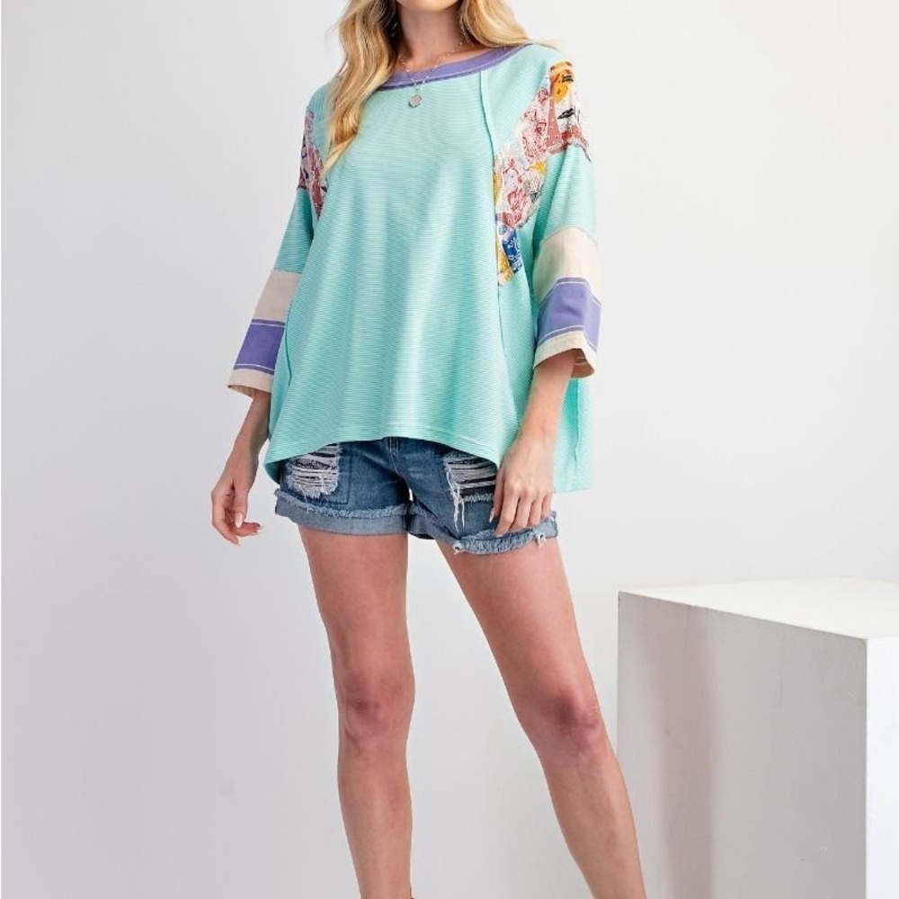 🔥🔥New BoutiquePin Stripe Mix Print Loose Fit Knit Top - Picture 3 of 5